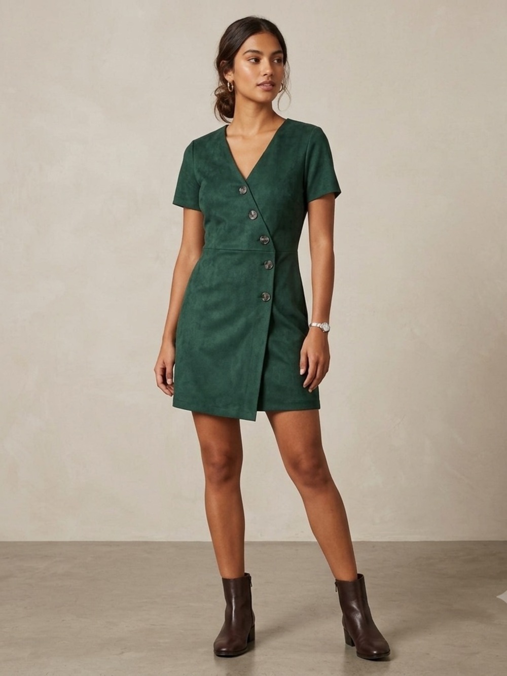 Zara Trafaluc Green Suede Button-up Dress medium